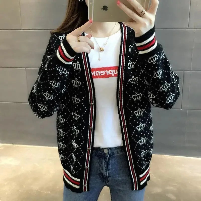 Women's Clothing Casual Loose V-neck Soft Thick Lazy Sweaters Autumn Winter Fashion Striped Commute Basic Knitted Cardigan SwiftNest