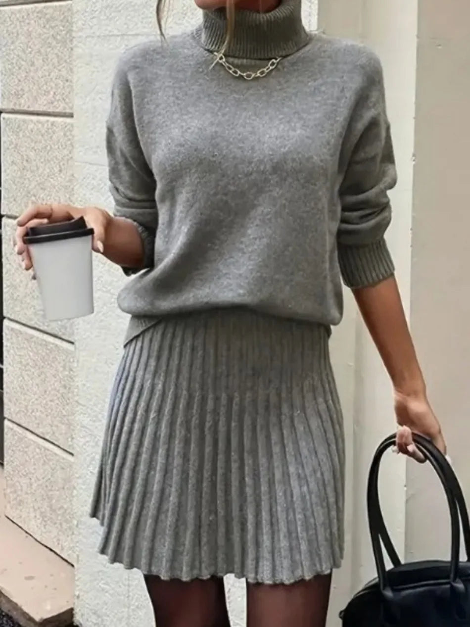 Women's Clothing Autumn Winter New Solid Color Fashion Casual Suit Turtleneck Knitted Long-sleeved Short Skirt Two-piece Set