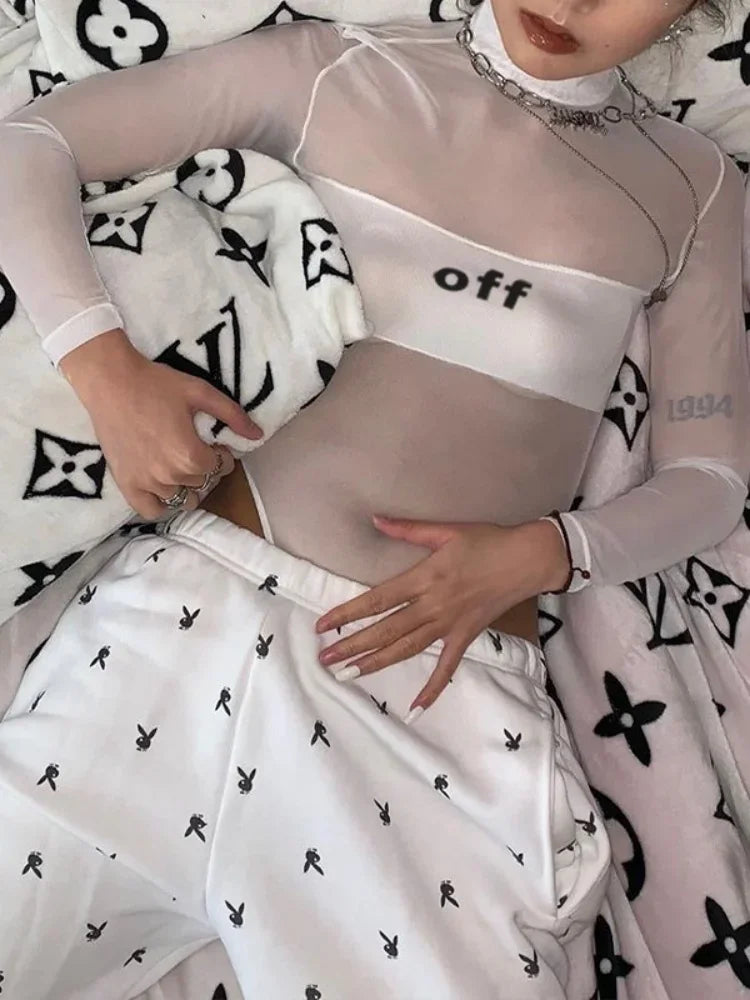 Fashion Trends Women Clothing Corset Top One-Pieces Bodysuit Sexy Long Sleeve See Through Body Feminino Gauze Patchwork Bustier