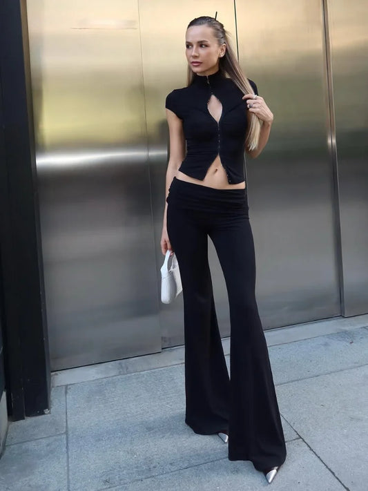 Women's Fashion Short Sleeve Pants Set Chic Tight Zipper Top Straight Leg Low Waist Trousers Casual Streetwear Commute Outfit