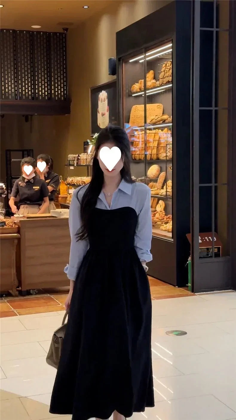 Women's Fashion Two-piece Illusionshirt Black Long Sleeve Dress High-end Feel Matching Set