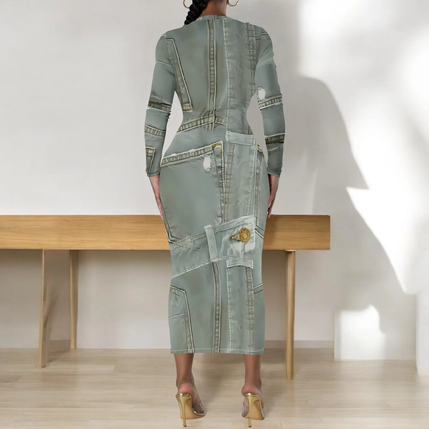 European and American women's fashion temperament casual print slim black dress