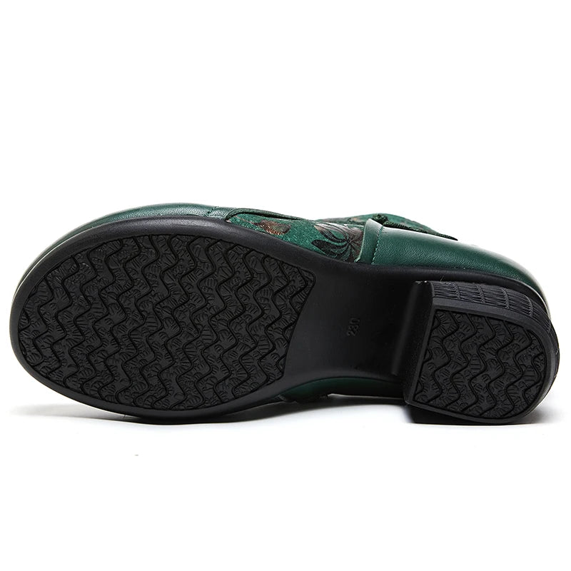 GKTINOO Genuine Leather Ankle Boots 2025 Winter New Ethnic Printed Women's Boots Soft Soles Thick Heels Mother's Leather Boots