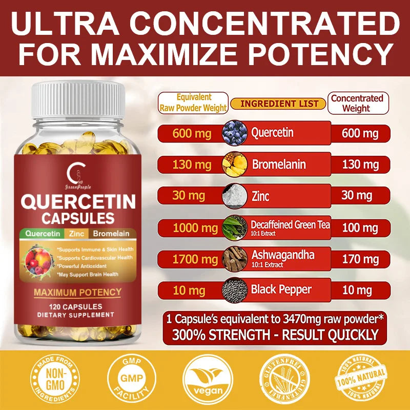 Quercetin Capsules Supplement Quercetin with Bromelain Capsule- Non-GMO - Gluten Free - Supports Overall Health & Well Being