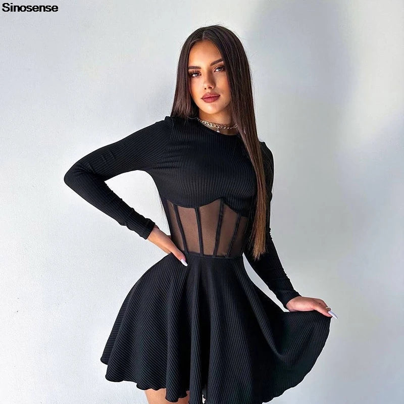 Women Fall Fashion A Line Dress Long Sleeve Crew Neck Stunning Mesh Splicing Corset Dress Y2K Going Out Night Club Party  Dress SwiftNest