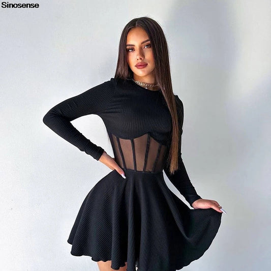 Women Fall Fashion A Line Dress Long Sleeve Crew Neck Stunning Mesh Splicing Corset Dress Y2K Going Out Night Club Party  Dress SwiftNest
