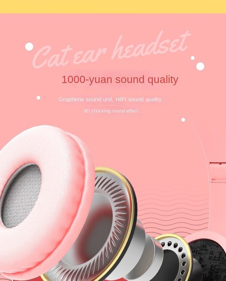 Wireless Headphones Cat Ear Bluetooth-Compatible Helmets Stereo Bass Over-Ear Headsets Sports Headphones for Kids and Adult