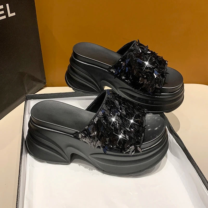 Aphixta Platform Sequined Cloth Sandals Slippers Women 8CM High Wedge Slides Women Shoes Gold Beach Slides Shoes