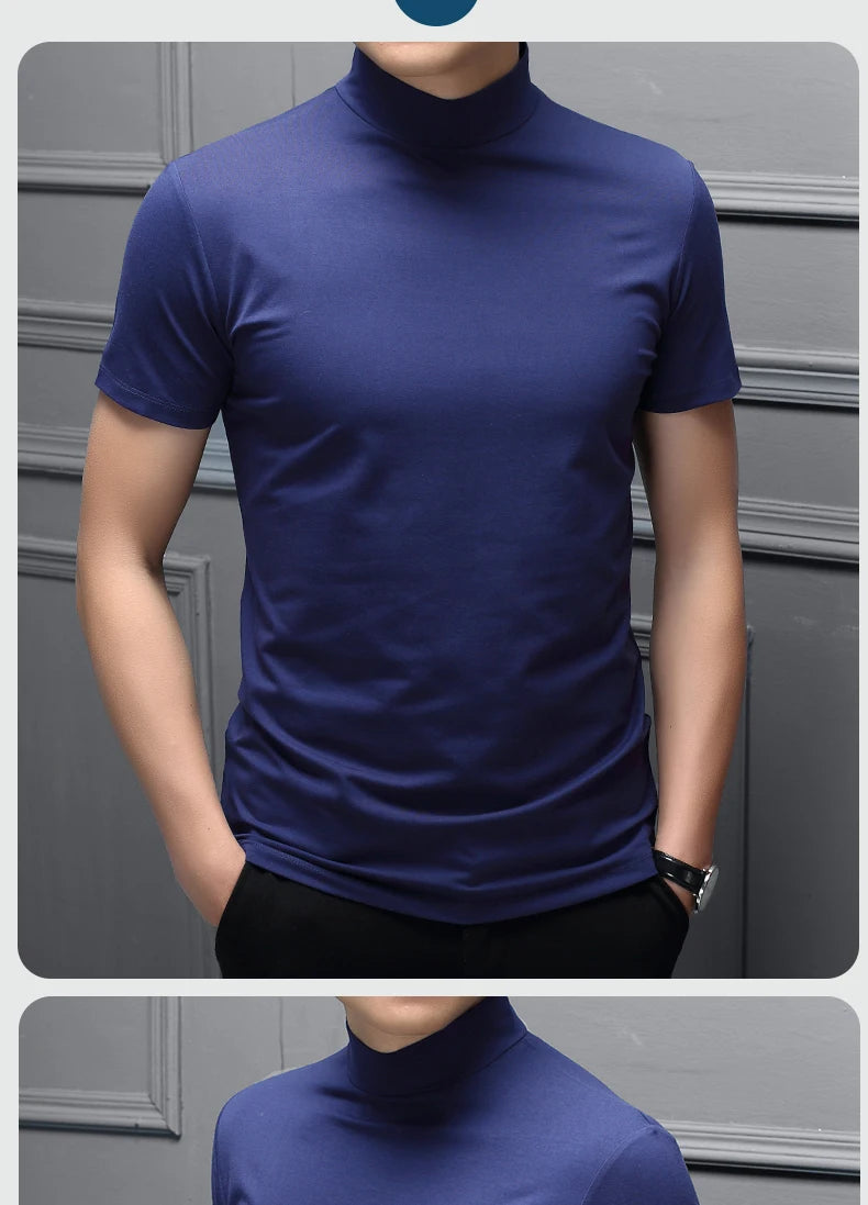 Mens Fashion T-shirt Mock Turtleneck Solid Knit Pullover Sweater Short Sleeve Casual Solid Color Dating Slim Fit Tops Undershirt