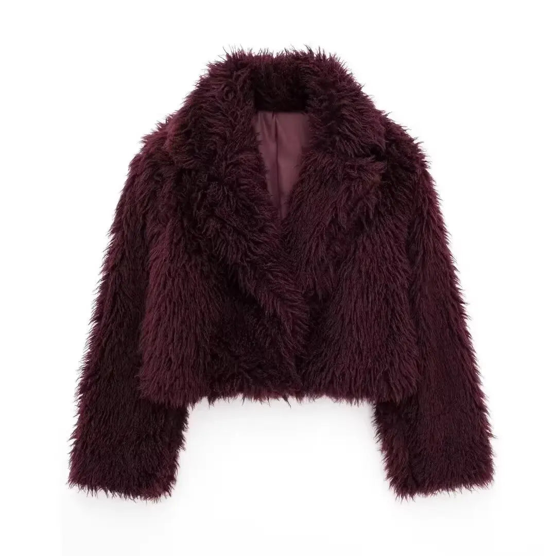Women's Fashion 2025 Autumn and Winter New Vintage Burgundy Faux Fur Short Coat Thickened Warm Lapel Women's Coat