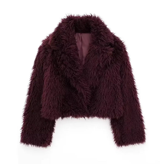 Women's Fashion 2025 Autumn and Winter New Vintage Burgundy Faux Fur Short Coat Thickened Warm Lapel Women's Coat