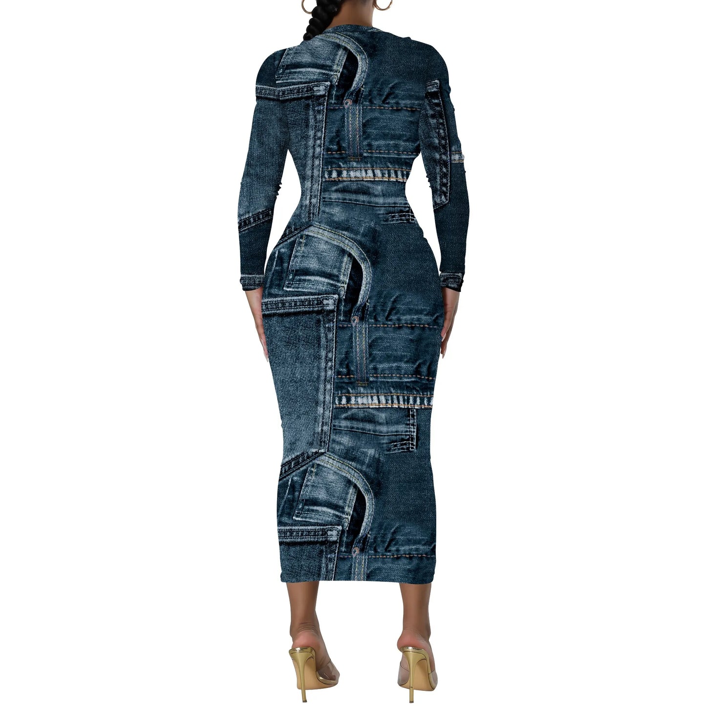 European and American women's fashion temperament casual print slim black dress