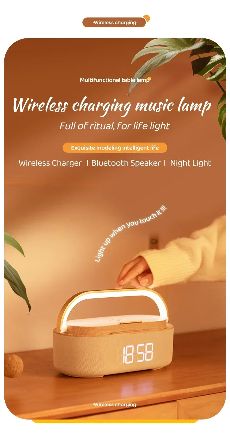 مكبر صوت بلوتوث 2500 مللي أمبير في الساعة يدعم الشحن اللاسلكي 15 وات وشاشة ساعة رقمية وساعة منبه بإضاءة ليلية وستيريو بلوتوث