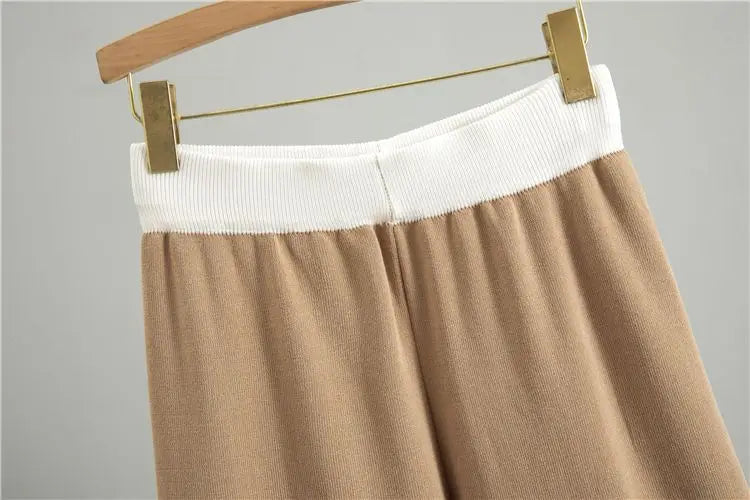 Fashionable Casual Suit for Women 2025 Spring and Autumn V-neck Contrasting Sweater Loose Wide-leg Pants Two-piece Set