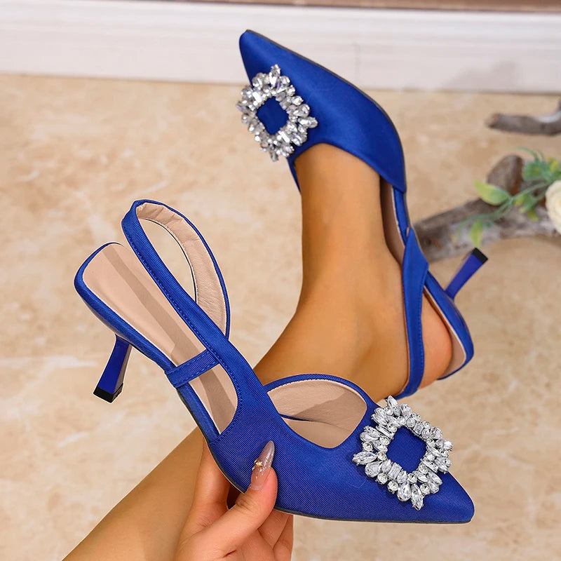 Crystal Square Buckle High Heels Sandals Women Spring Summer Slip On Pointed Toe Pumps Woman Thin Heel Party Wedding Shoes Mujer