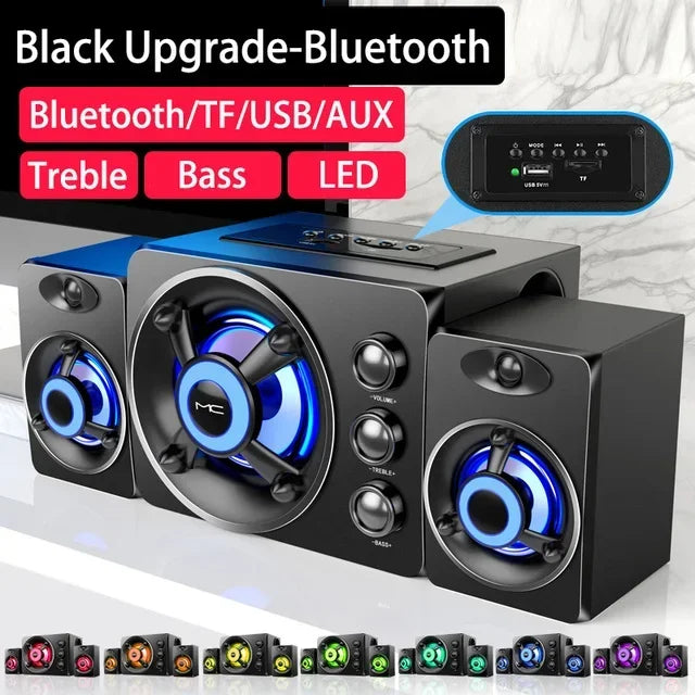Powerful Bluetooth Speakers Colorful LED Home TV Theater Sound Wireless Subwoofer 3D Stereo Surround Wooden Material USB Wired