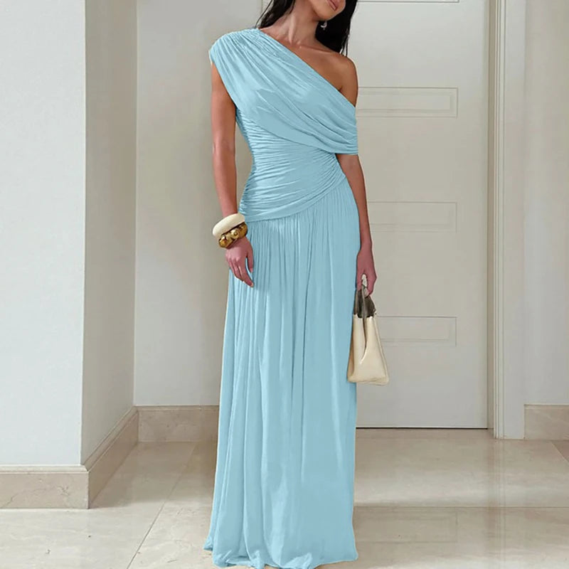 Women Fashion Hight Waist Pleat Solid Party Dress Summer Sexy Sleeveless Slim Maxi Dress Elegant Slant Neck Irregular Long Dress