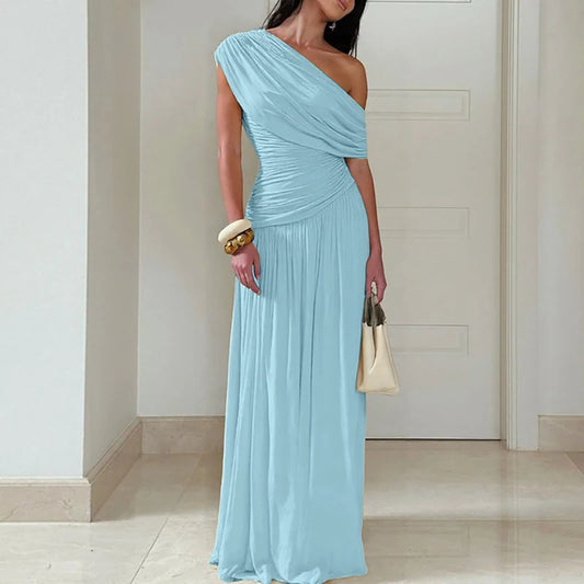 Women Fashion Hight Waist Pleat Solid Party Dress Summer Sexy Sleeveless Slim Maxi Dress Elegant Slant Neck Irregular Long Dress