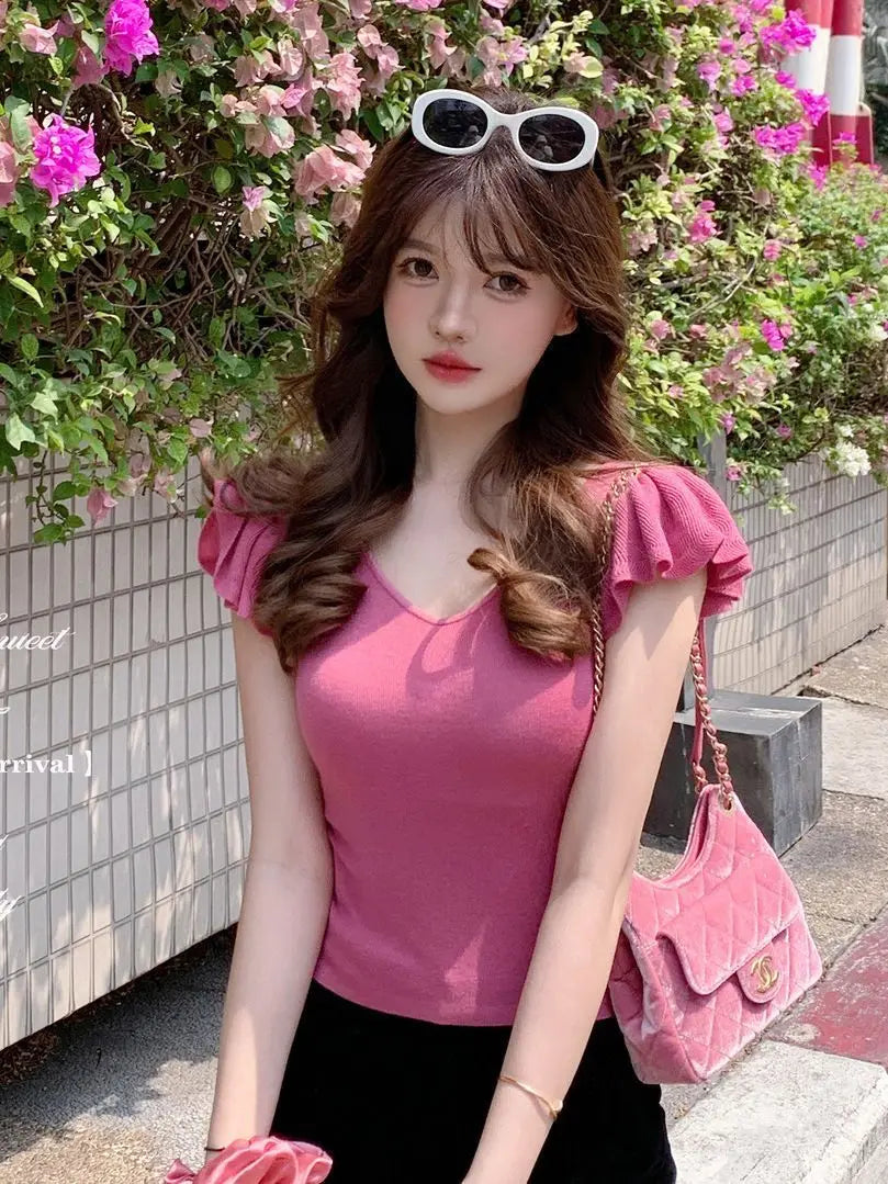 Women Clothes Summer Casual Fashion Simplicity Solid Color V-neck Tops Women's Trend All-match Sweet Temperament Slim T-Shirt SwiftNest