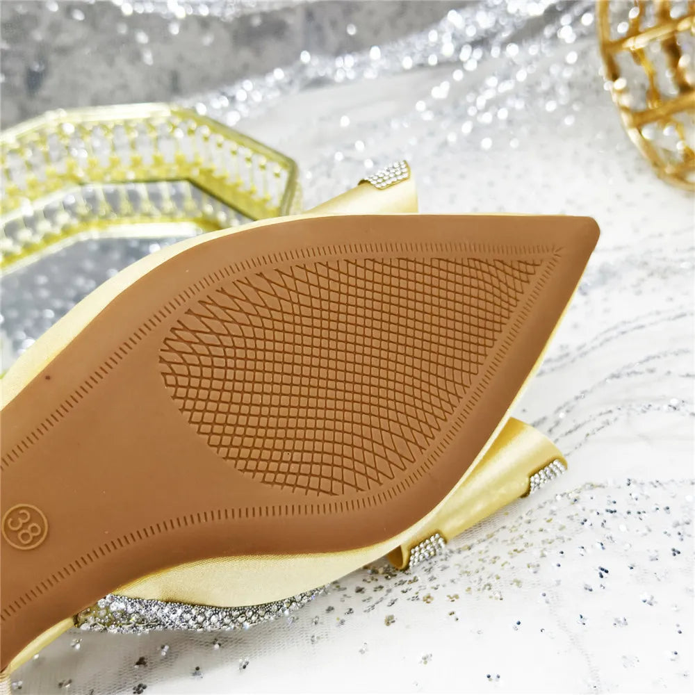 مجموعة أحذية وحقائب يد مدببة بمقدمة مدببة باللون الأخضر الزيتوني، أحذية بكعب متوسط ​​للنساء، مطرزة بأحجار الراين بتصميم إيطالي