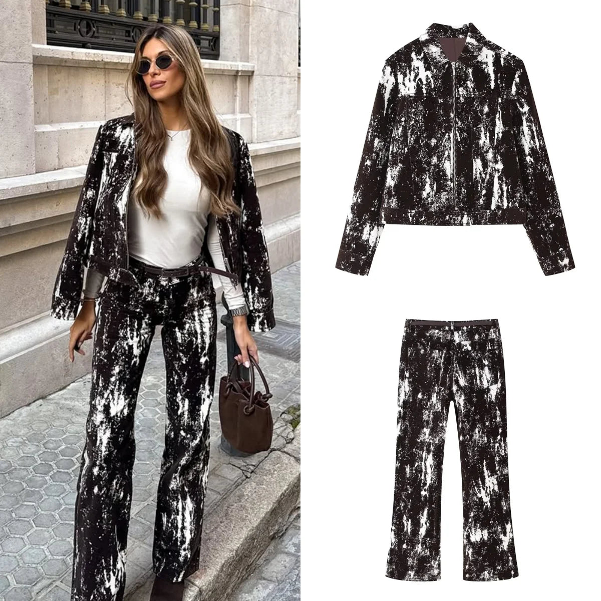 Womens Fashionable Black and White Patterned Jacket and Wide Leg Pants Set Stylish Outfit for Daily Wear