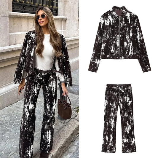 Womens Fashionable Black and White Patterned Jacket and Wide Leg Pants Set Stylish Outfit for Daily Wear