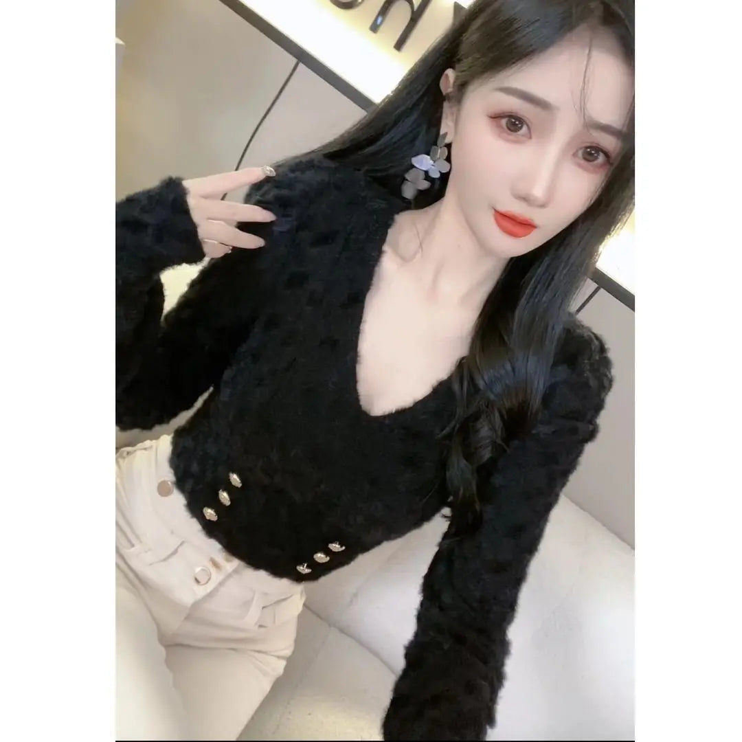 Women Clothes Spring Autumn Fashion Simplicity Elegant All-match Temperament Solid Color V-neck Puff Sleeve Button Long Sleeve T