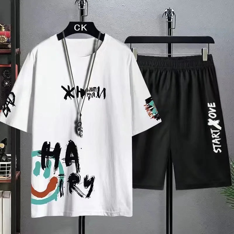 2025 Summer Outdoor Sports Suit Men's Short-sleeved Shorts Casual Fashion Two-piece Set Breathable Quick-drying Fitness Clothes