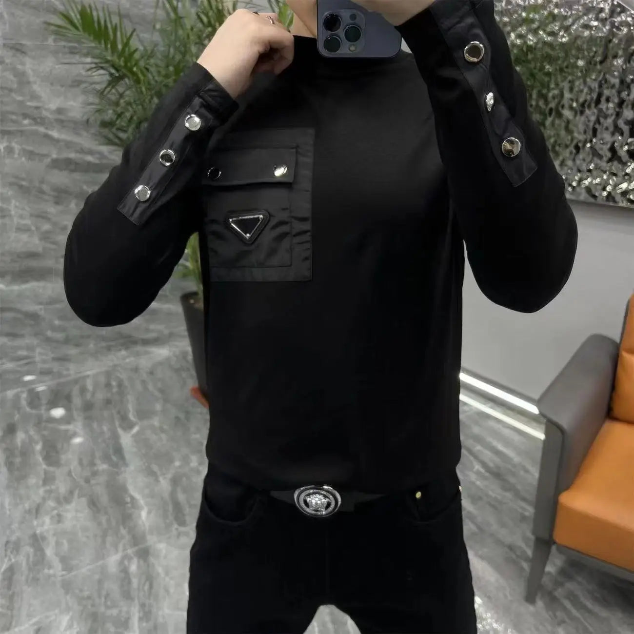 Fashion 2025 Men's Autumn Round Neck Long-sleeved T-shirt Versatile Fashion Black Personalized Base Shirt