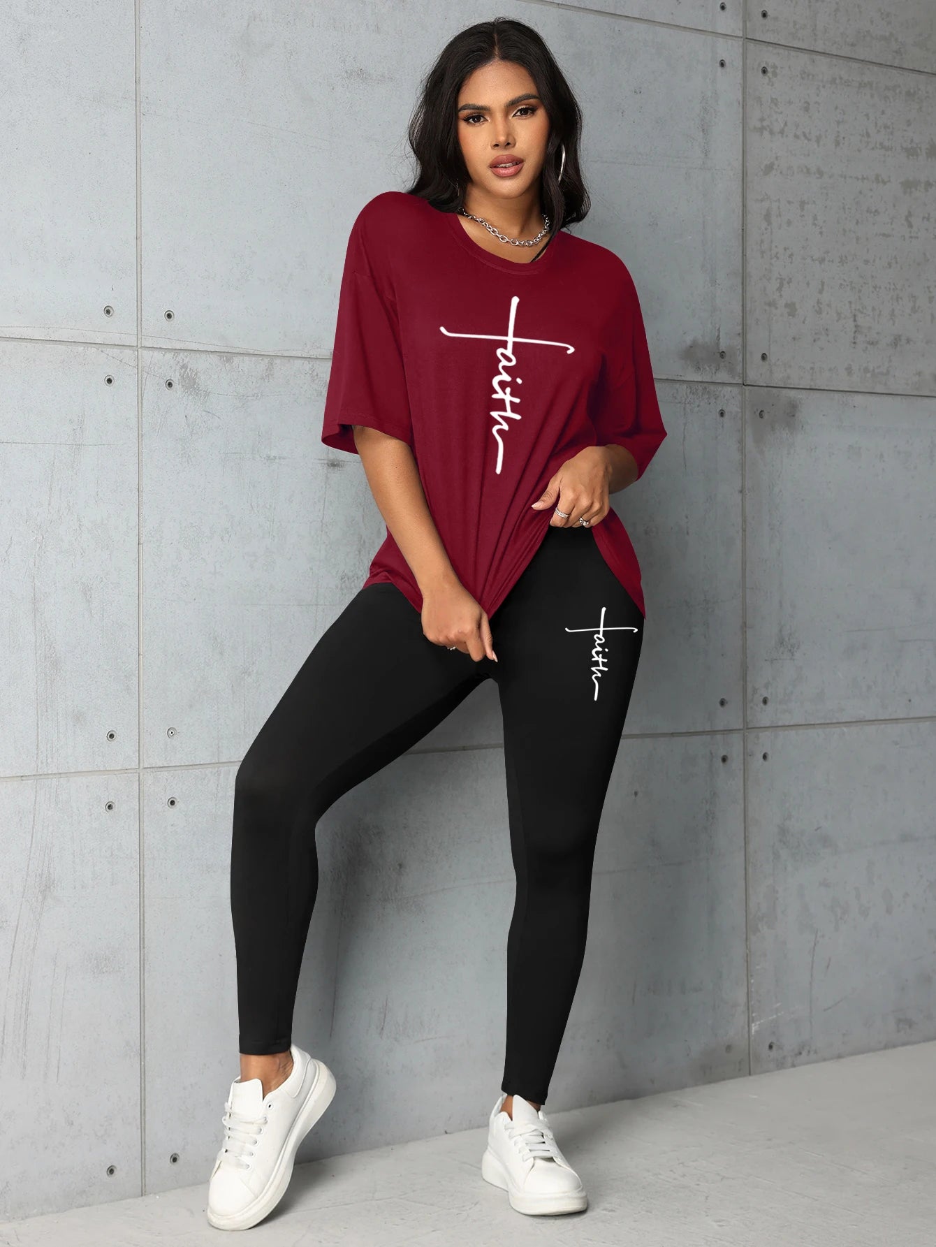 Women's summer fashion all-match Faith letter print loose large size T-shirt leggings two-piece set Short sleeves and long pants SwiftNest