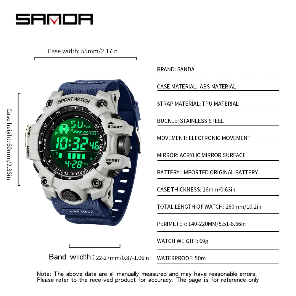 SANDA Outdoor Sports Men Watch Waterproof LED Analog Digital Show Multifunction Big Dial Electronic Wristwatch G style Male Cloc