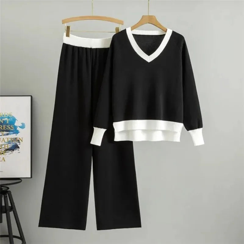 Fashionable Casual Suit for Women 2025 Spring and Autumn V-neck Contrasting Sweater Loose Wide-leg Pants Two-piece Set