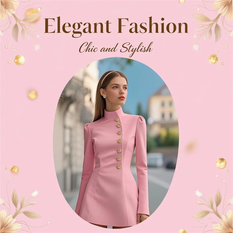 Women Fashion Commuter Solid Blazers Dress Office Single Breasted Waist Party Dress Elegant Stand Collar Long Sleeve Mini Dress