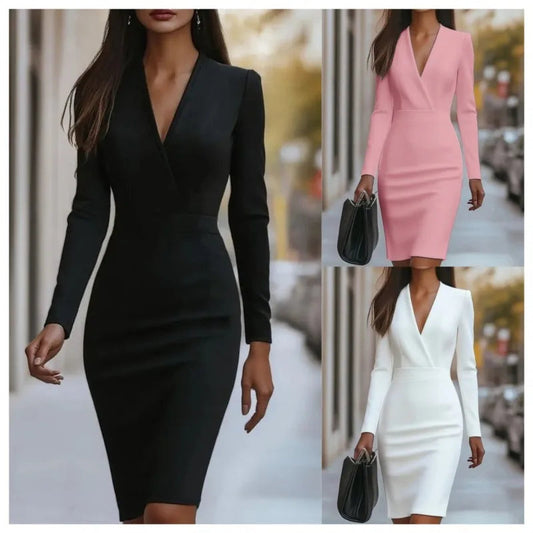 Fashion Women's Dress New Fall Deep V-neck Waist-hugging Solid Color Long-sleeve Pencil Midi Black Dresses For Women Streetwear SwiftNest