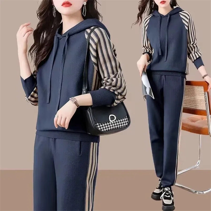 Fashion Autumn Women 2 Pieces Sets Casual Hooded Patchwork Loose Knitted Sweater Sports Harlan Pants Suits Winter Sportswear SwiftNest