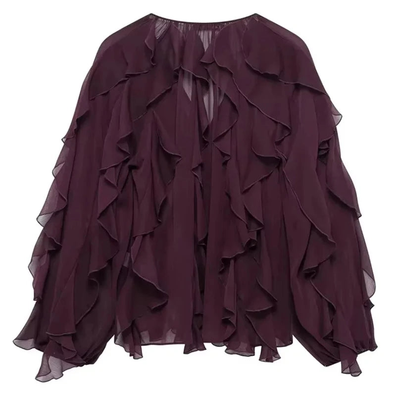 2025 New Fashion Sexy Women Translucent Ruffles Blouses V-neck Single Breasted Tierred Causal Tops Beach Style Solid Shirt SwiftNest