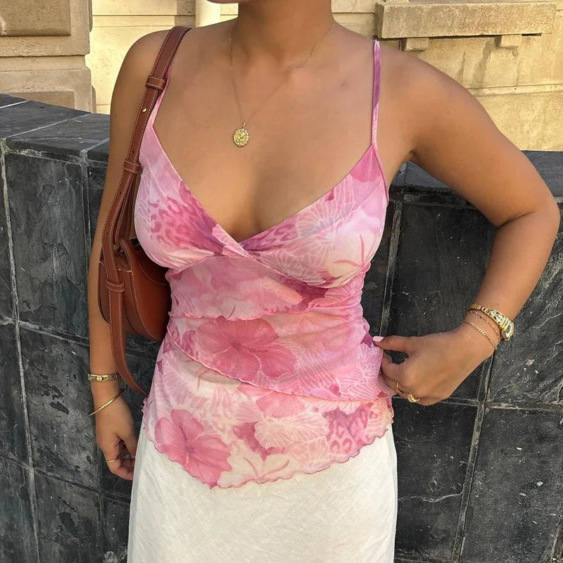 Floral Print Sexy Tops For Women Fashion Edgy Clothes Y2k Accessories Spaghetti Strap Crop Top Chiffon Camison Verano Ropa Mujer SwiftNest