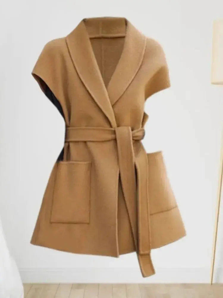 سترة صوف أنيقة للنساء لخريف وشتاء، صدرية متوسطة الطول من الصوف على الوجهين، سترة أنيقة للنساء مع مشبك على شكل حصان