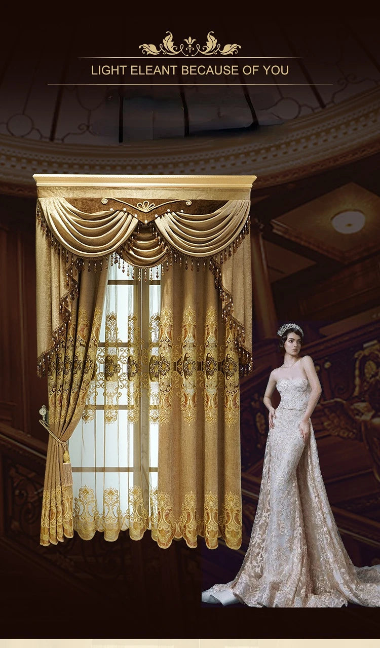 European-style Curtains for Luxury Living Room Upscale Door Chenille Embroidered Coffee Color Bedroom Window Villa Valance
