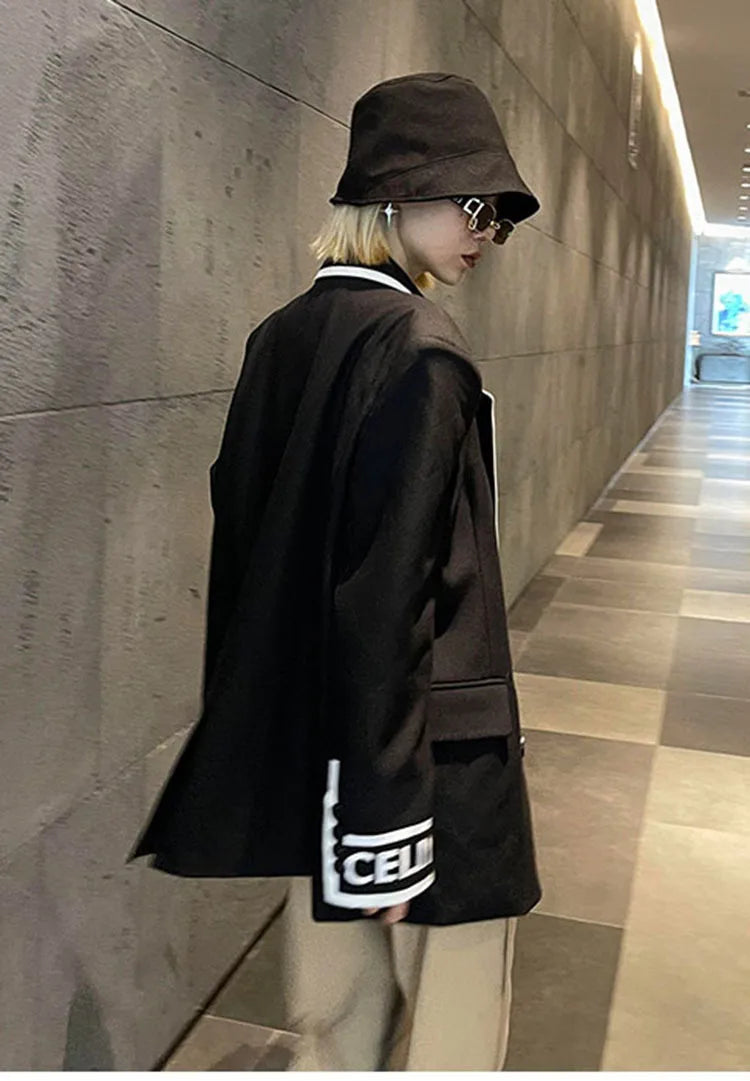 Women Fashion Jacket Wedding Casual Business High Quality Black Blazer Suit Coat Ladies Double Breasted Letter Long Sleeve Tops