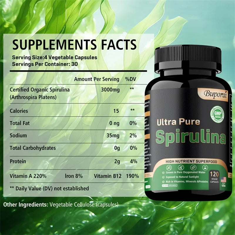 Organic Spirulina Supplement - Detoxification, Nutrition, Immune System Health, Cardiovascular Health, Antioxidant