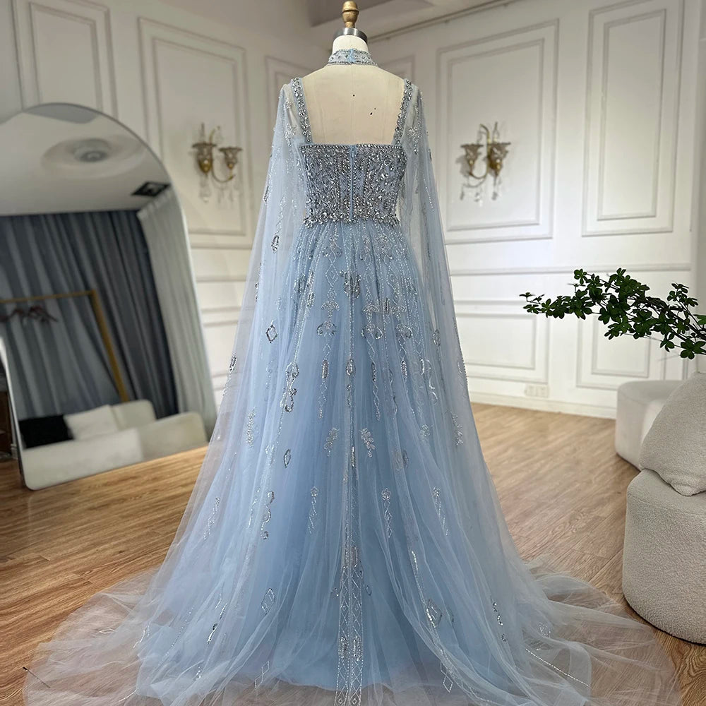 Serene Hill 2025 Arabic Nude A Line Cape Sleeve Crystal Beaded Luxury Evening Dresses Gowns Formal Occasion Customize BLA72764