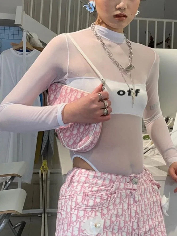 Fashion Trends Women Clothing Corset Top One-Pieces Bodysuit Sexy Long Sleeve See Through Body Feminino Gauze Patchwork Bustier