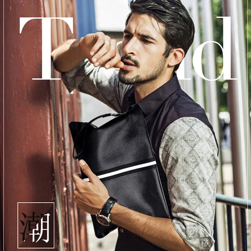 حقيبة يد أصلية من SENOFAN للرجال مخططة من جلد البقر الطبيعي، حقيبة يد رجالية، محفظة بتصميم مظروف، إصدار كوري رائع