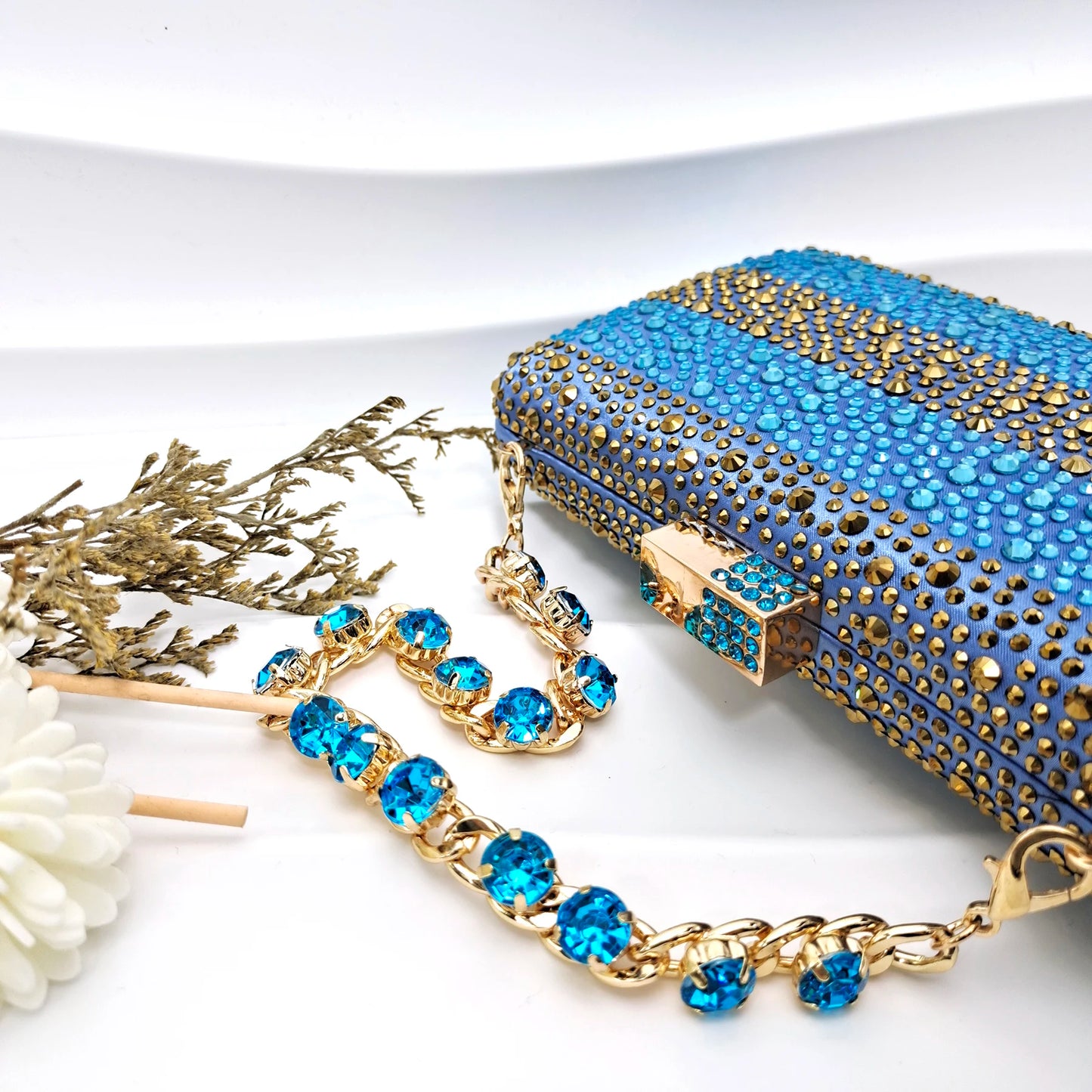 New Italian Design Stylish And Elegant Sky Blue Rhinestone Embellished Satin Pointy Toe Pumps And Clutch Bag