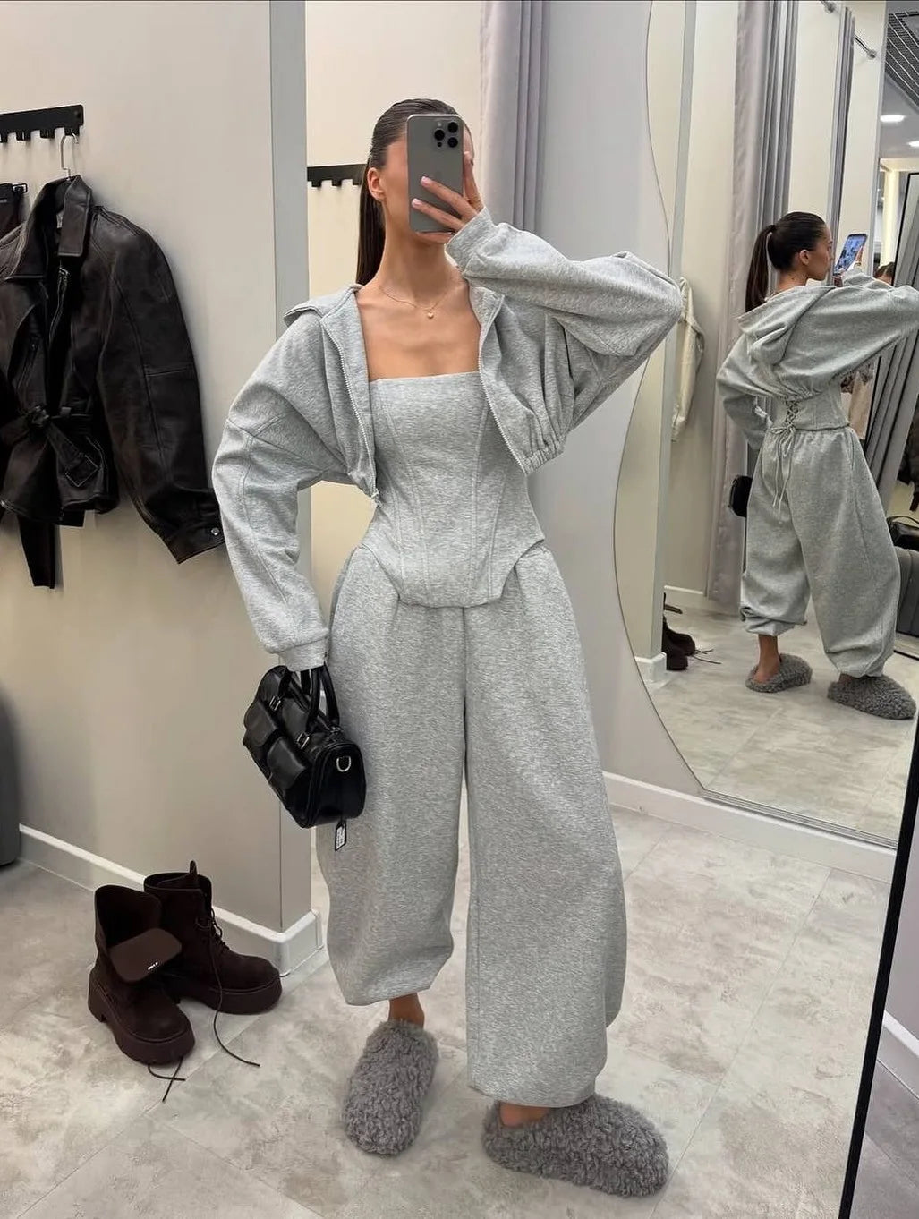Women's clothing 2025 autumn new fashion hooded sweatshirt jacket vest wide leg pants three piece set