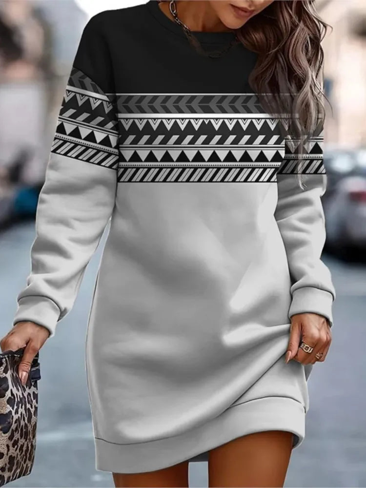 Women's Clothing 2024 Autumn Winter New Fashion Printed Round Neck Sportswear Long Sleeved Casual Loose Comfortable Dress