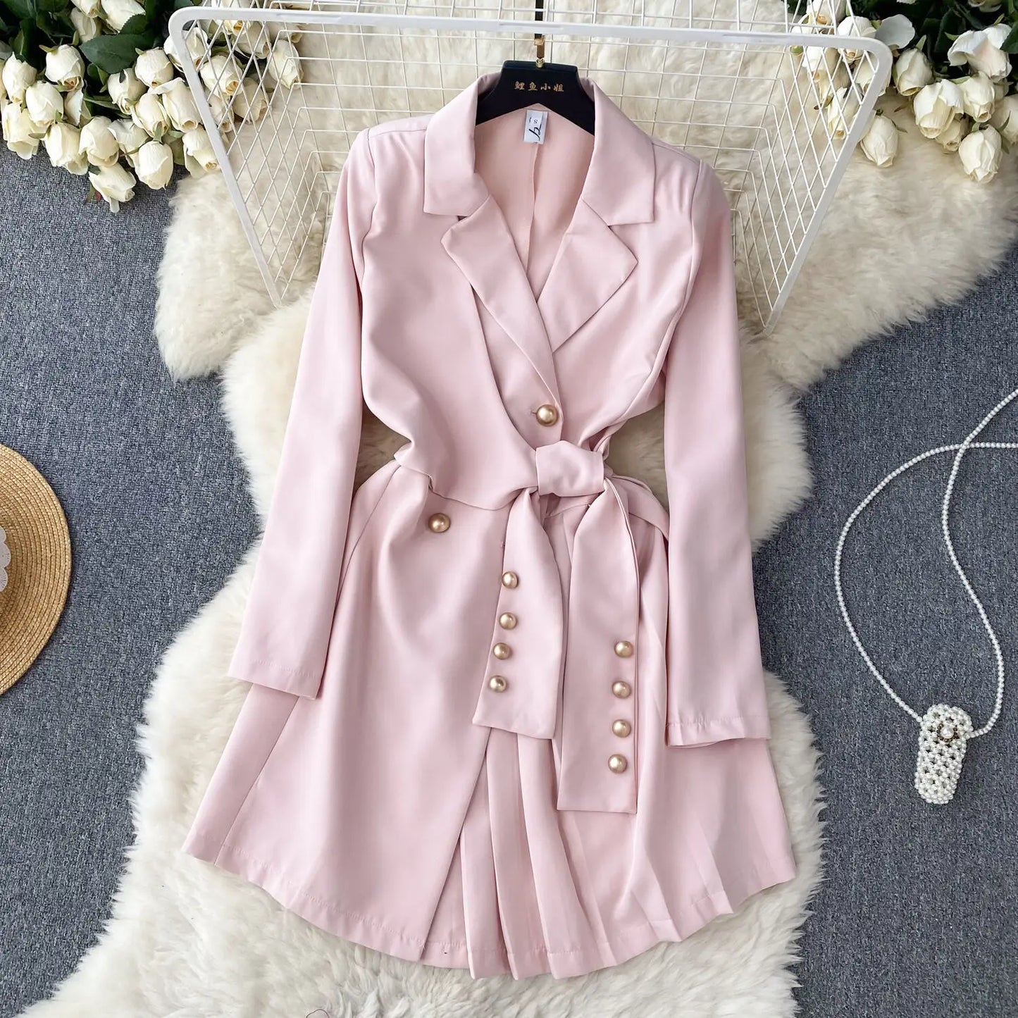 Women's Fashion Trendy Office Coat Dress Ladies Age Reduce Suit Collar Strap Tight Fit Short Pleated Long Sleeve Dress Coat