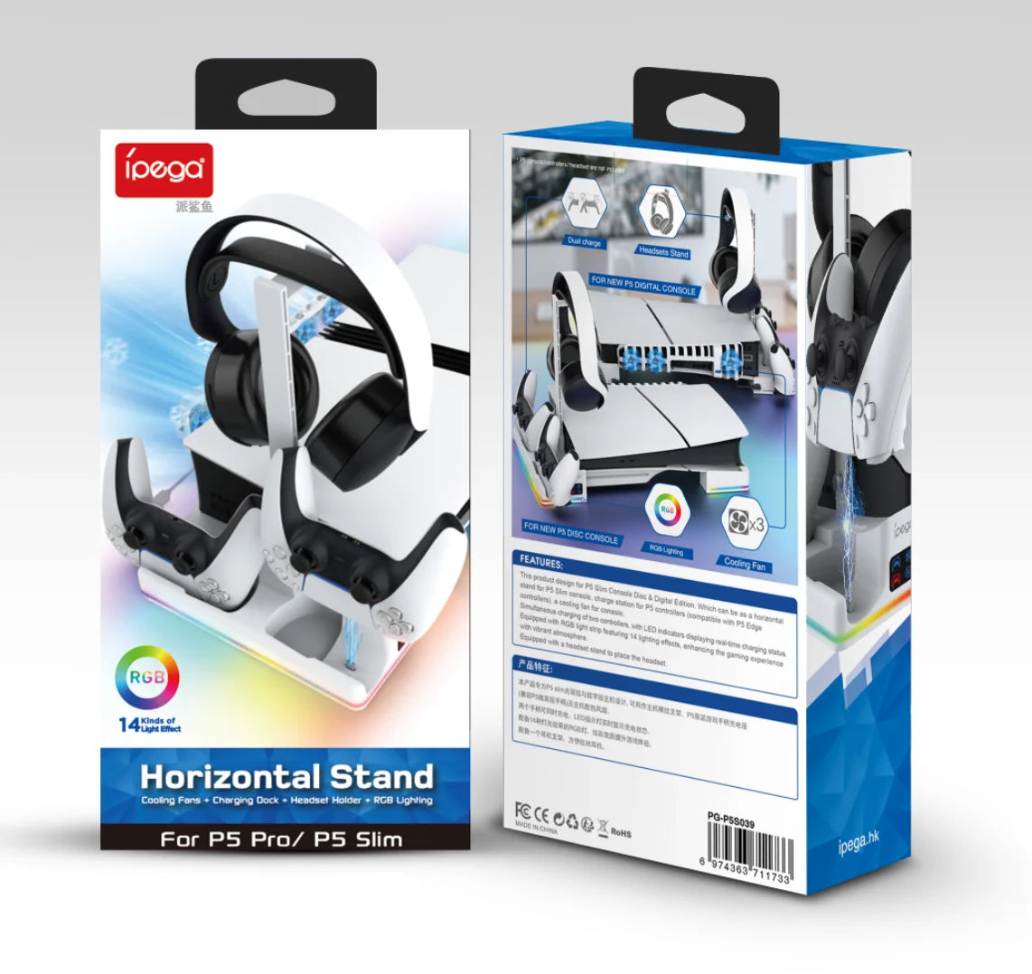 IPEGA Multi-Functional Horizontal Stand for PS5 Slim/Pro Console with Dazzling RGB Colors Equipped with 3 Cooling Fans PG-P5S039