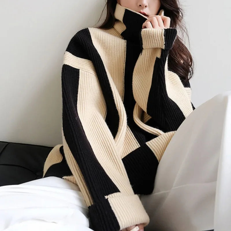 Women's Autumn Winter Fashion Elegant High Neck Pullover Long Sleeve Jumpers Striped Knitwear Casual Sweaters Western Style Tops SwiftNest